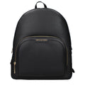 Black leather Michael Kors backpack with adjustable straps and silver hardware, featuring multiple compartments and stylish design.