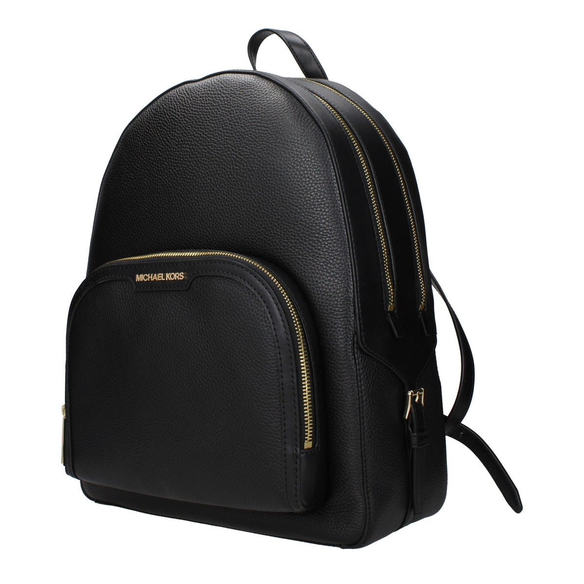 Black leather Michael Kors backpack with adjustable straps and gold-tone hardware, featuring a sleek, classic design.