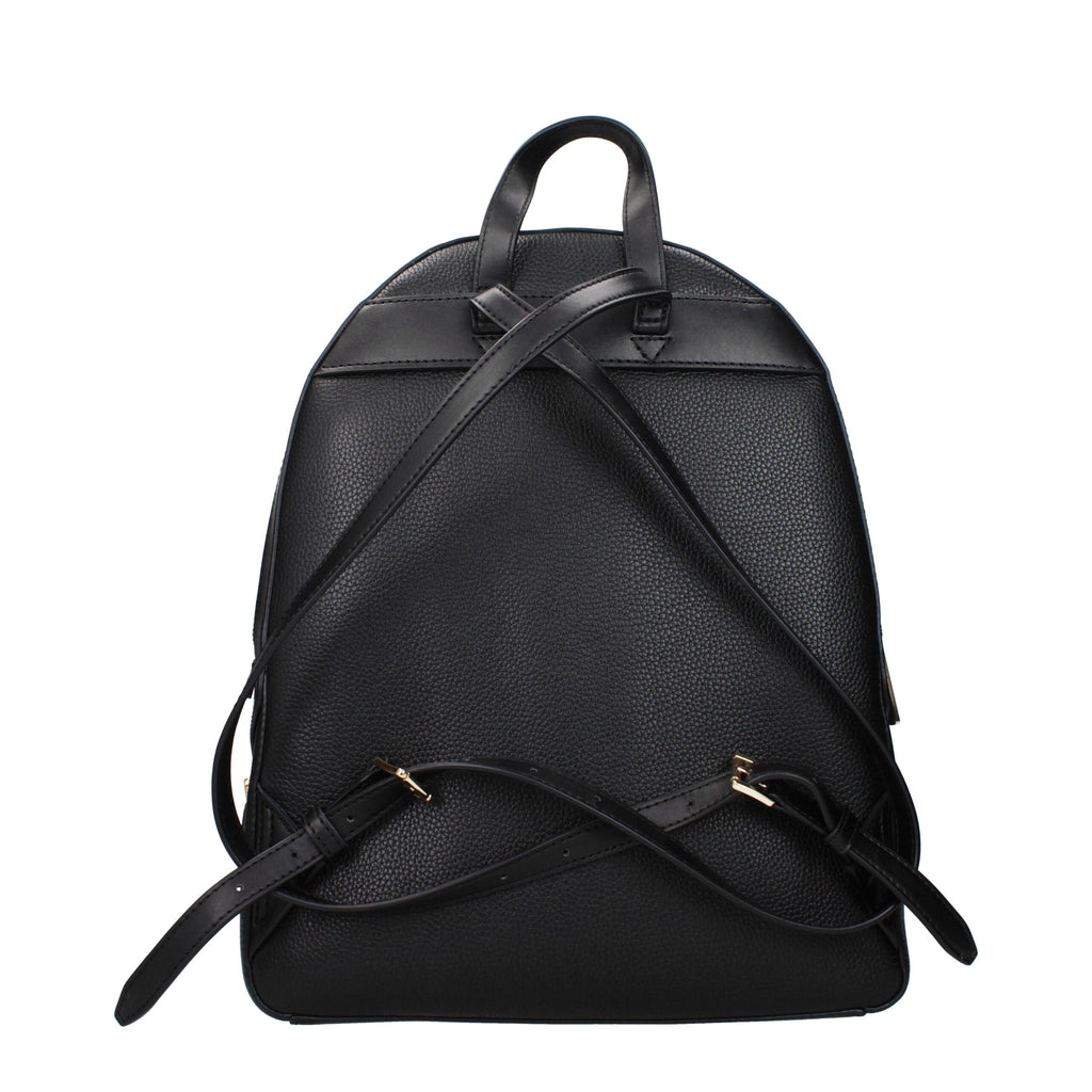 Black leather Michael Kors backpack with silver hardware, featuring multiple compartments and adjustable straps.