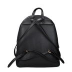 Black leather Michael Kors backpack with silver hardware, featuring multiple compartments and adjustable straps.