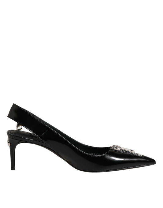 Dolce & Gabbana Black Zipper Leather Heels Slingbacks Shoes