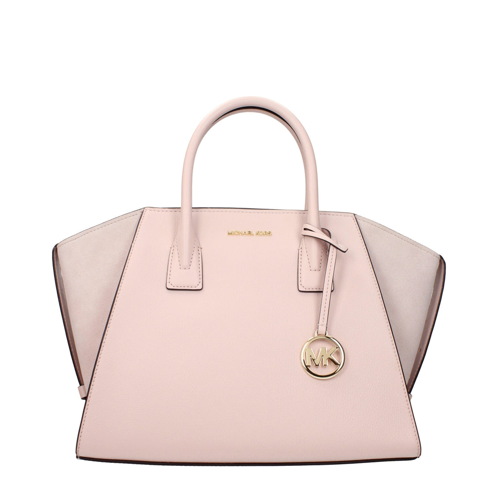 Michael Kors pink leather handbag with gold hardware, featuring a structured design and top handles.