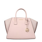 Michael Kors pink leather handbag with gold hardware, featuring a structured design and top handles.