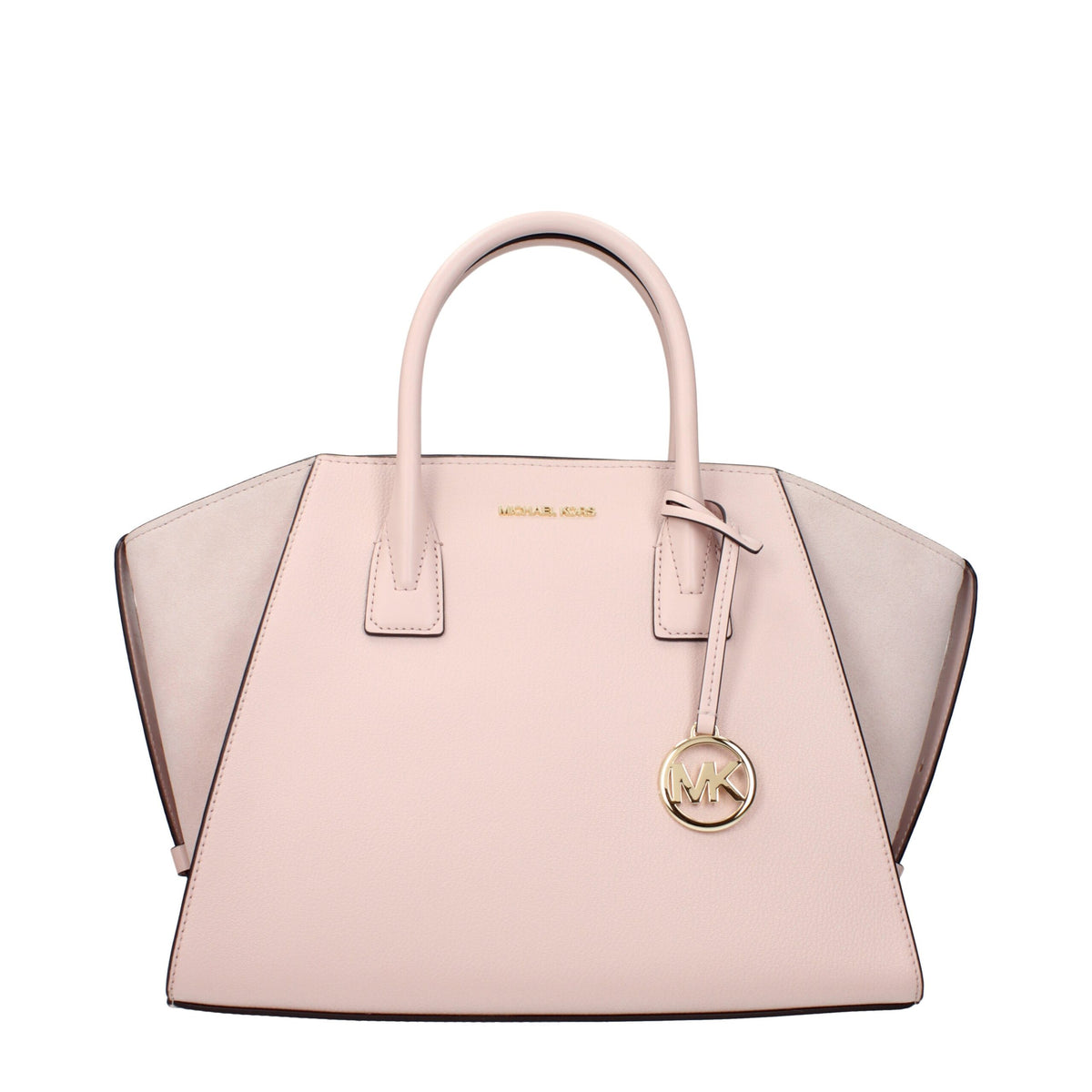 Michael Kors pink leather handbag with gold hardware, featuring a structured design and top handles.