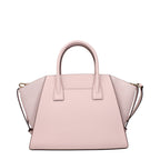 Pink leather Michael Kors handbag with gold-tone hardware and structured design, featuring top handles and a sleek, stylish look.