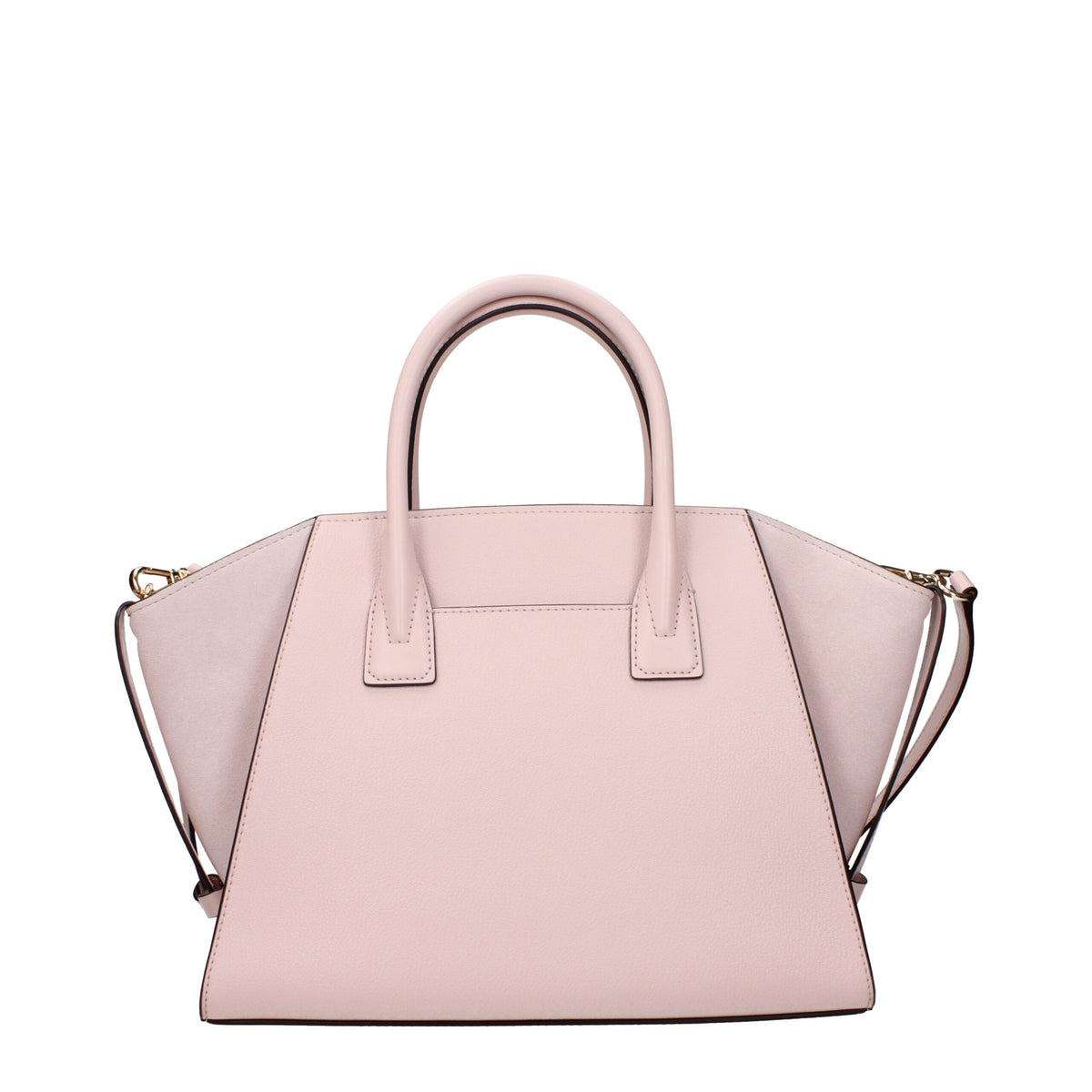Pink leather Michael Kors handbag with gold-tone hardware and structured design, featuring top handles and a sleek, stylish look.
