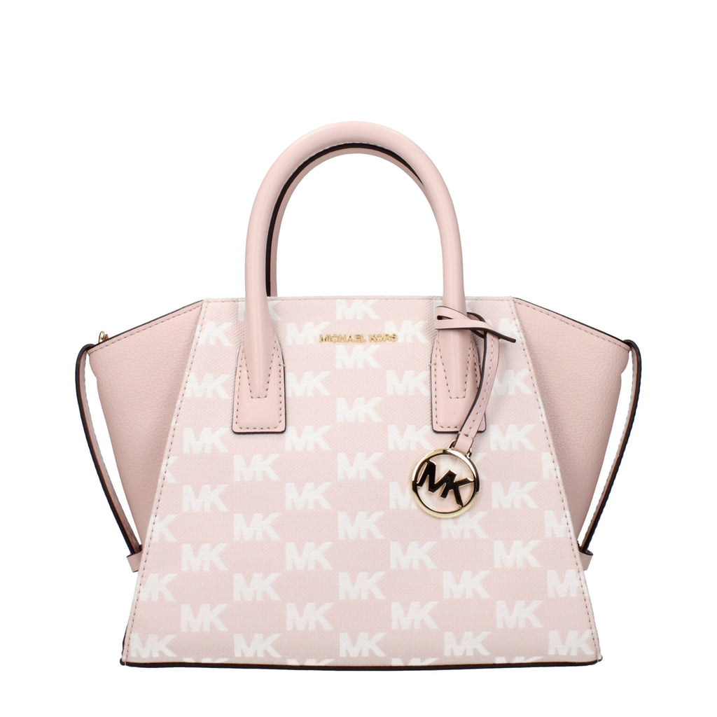 Pink fabric Michael Kors handbag with structured design and gold-tone hardware, featuring top handles and elegant stitching.