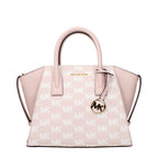 Pink fabric Michael Kors handbag with structured design and gold-tone hardware, featuring top handles and elegant stitching.