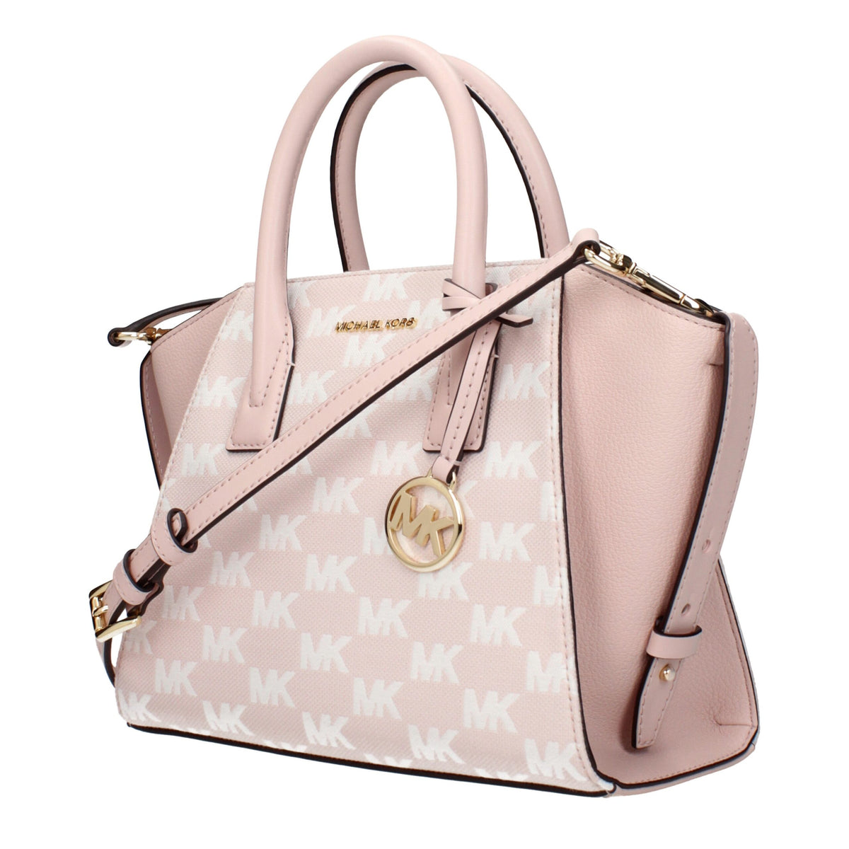 Pink fabric Michael Kors handbag with structured design and subtle logo details, stylishly displayed in the image.