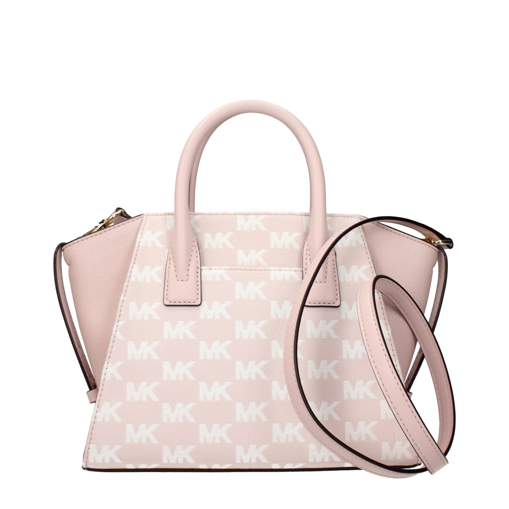 Michael Kors pink fabric handbag with structured design and gold-tone hardware, featuring top handles and a detachable shoulder strap.