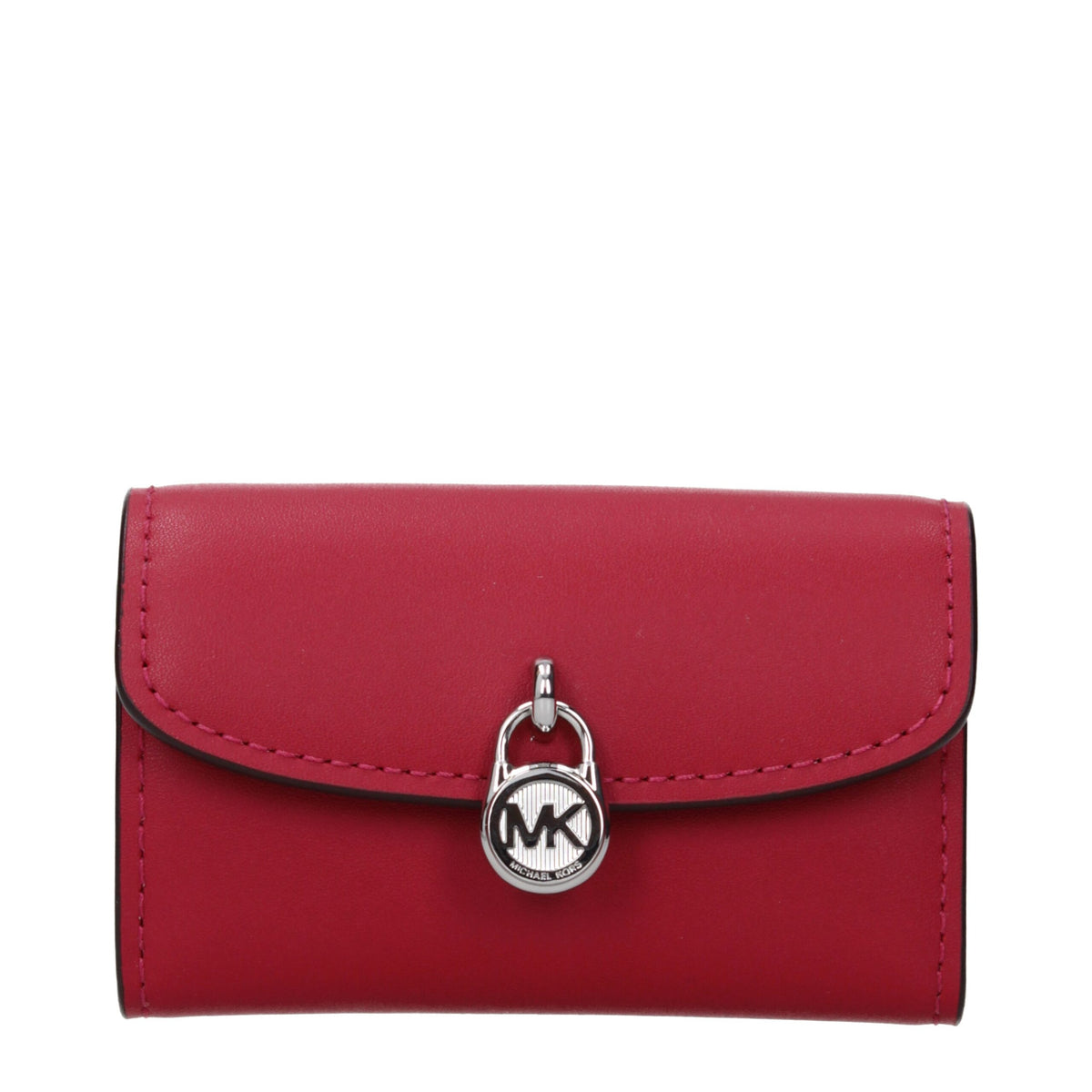 Red leather Michael Kors wallet with multiple card slots and a sleek design, showcasing the brand's signature style.