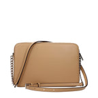 Michael Kors brown leather crossbody bag with gold-tone hardware and adjustable strap, showing front view.