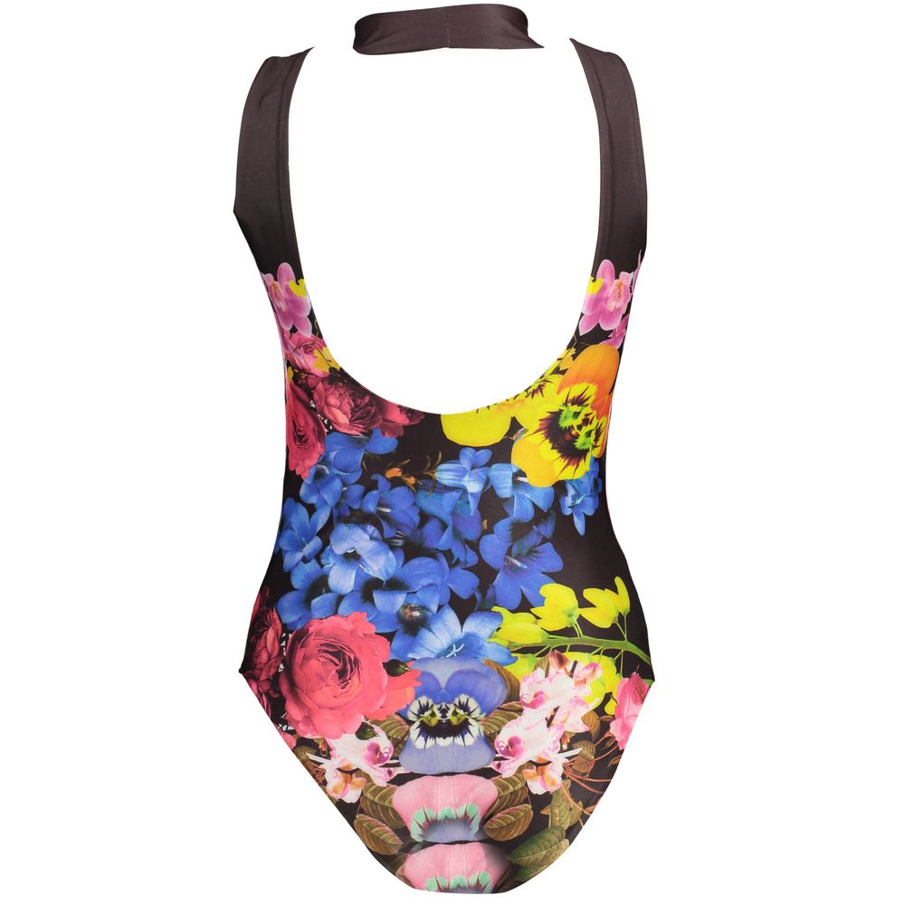 Black polyester women's bodysuit by Desigual, close-up of fitted design with long sleeves and subtle textured fabric.