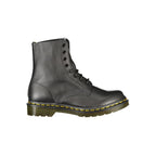 Black leather Dr. Martens unisex boots with classic yellow stitching and chunky soles, featuring lace-up front and durable design.