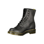 Black leather unisex Dr. Martens boot featuring classic lace-up design and chunky sole, stylish and durable footwear for everyday wear.