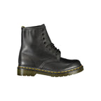 Black leather Dr. Martens unisex ankle boot with classic yellow stitching and durable sole, stylish and versatile footwear.