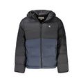 Calvin Klein black polyamide men's jacket displayed on a hanger with a zipper front and sleek design.