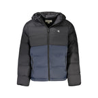 Calvin Klein black polyamide men's jacket displayed on a hanger with a zipper front and sleek design.