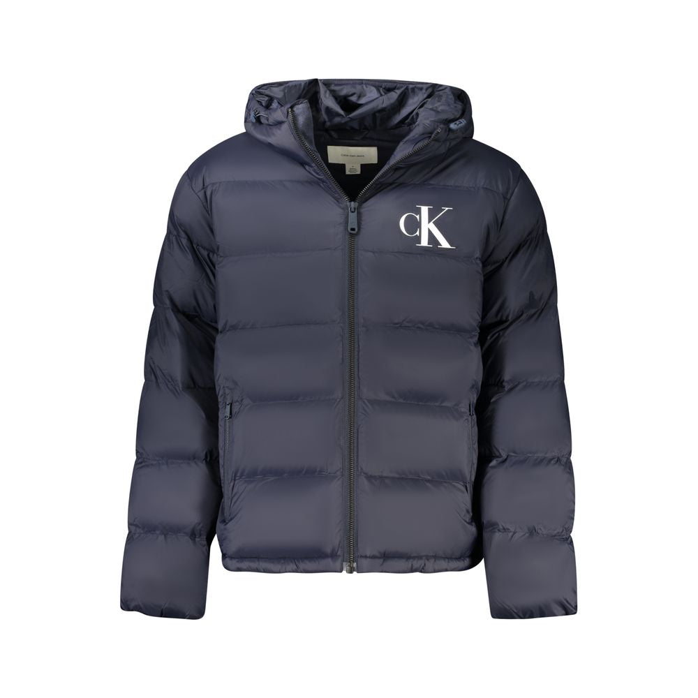 Calvin Klein Blu Poliammide men's jacket with front zipper, standing collar, and sleek design, shown on a hanger.