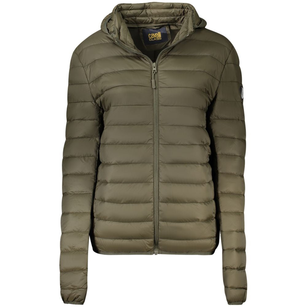 Cavalli Class Verde polyester men's jacket with a sleek design and full-length zipper, suitable for casual wear.