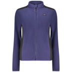 Norway 1963 blue polyester women's sweatshirt with a relaxed fit and crew neckline, displayed on a hanger.