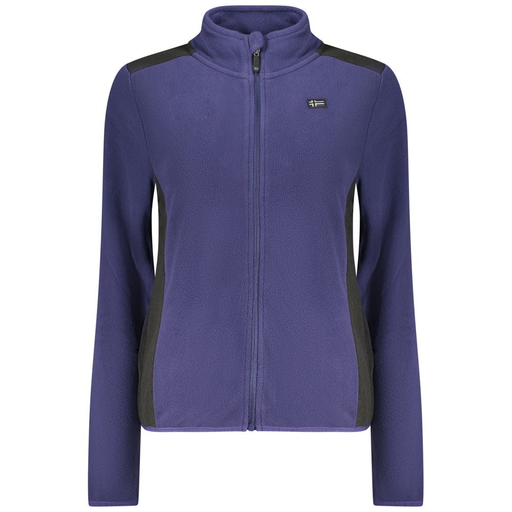 Norway 1963 blue polyester women's sweatshirt with a relaxed fit and crew neckline, displayed on a hanger.
