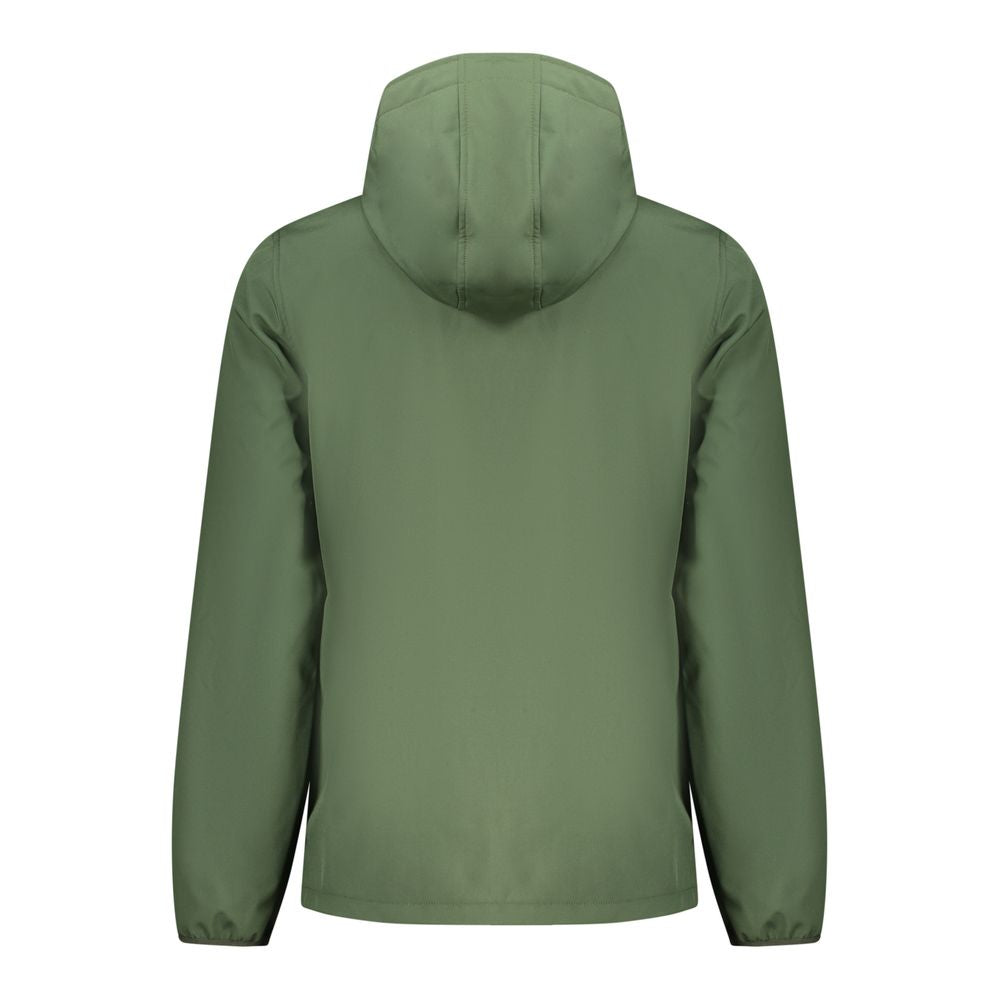 Norway 1963 Verde polyester men's jacket displayed on a hanger, showcasing its sleek design and vibrant green color.