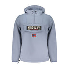 Norway 1963 men's blue polyester jacket with a front zipper and collar, displayed on a hanger.