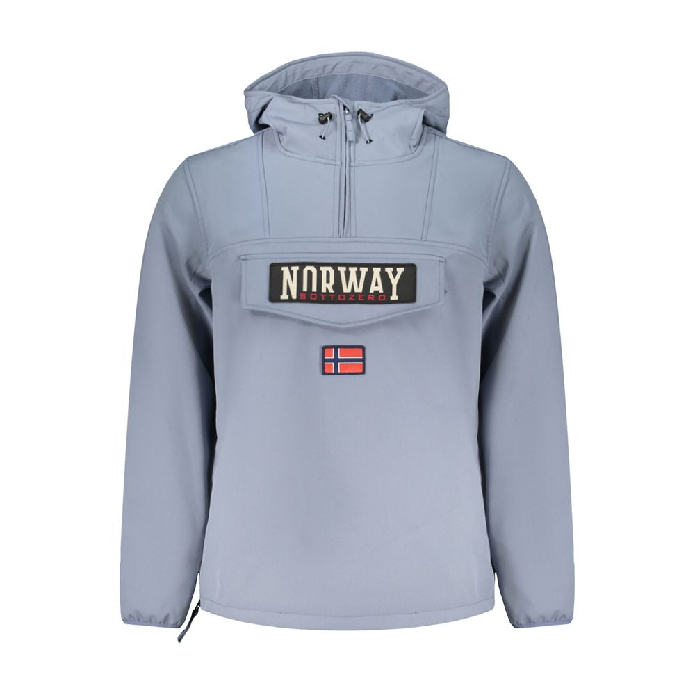 Norway 1963 men's blue polyester jacket with a front zipper and collar, displayed on a hanger.