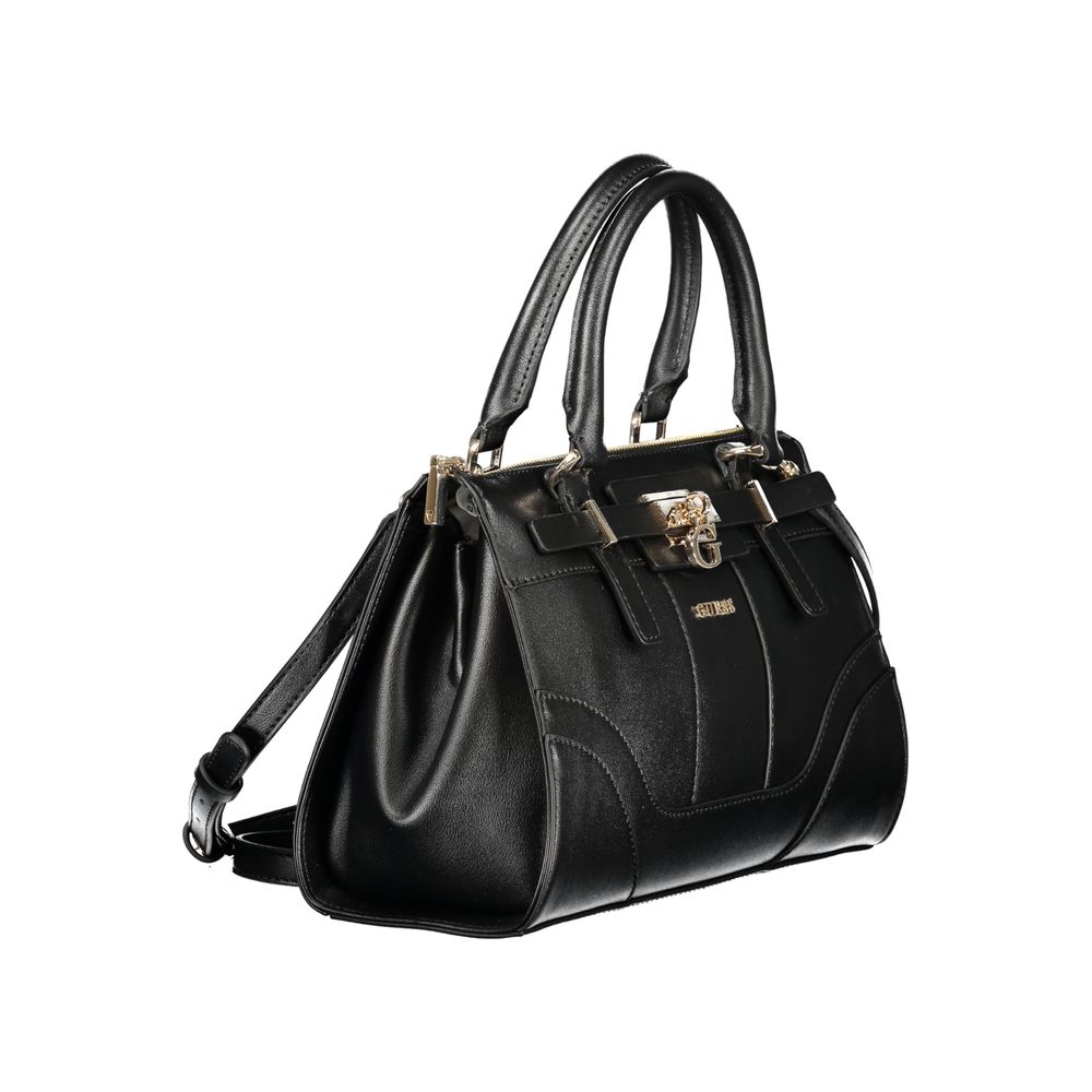 Black Guess Jeans polyurethane women's handbag with sleek design and silver hardware, featuring top handles and a structured silhouette.