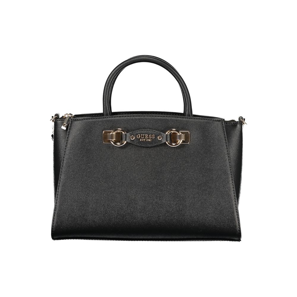 Black Guess Jeans polyurethane women's handbag with sleek design and gold-tone hardware, featuring a top handle and zip closure.