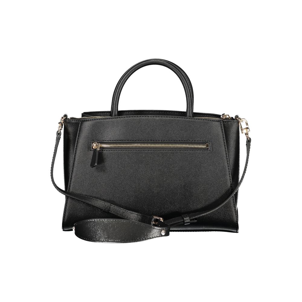 Black Guess Jeans polyurethane women’s handbag with sleek design and top handle, showcasing modern style and durable material.