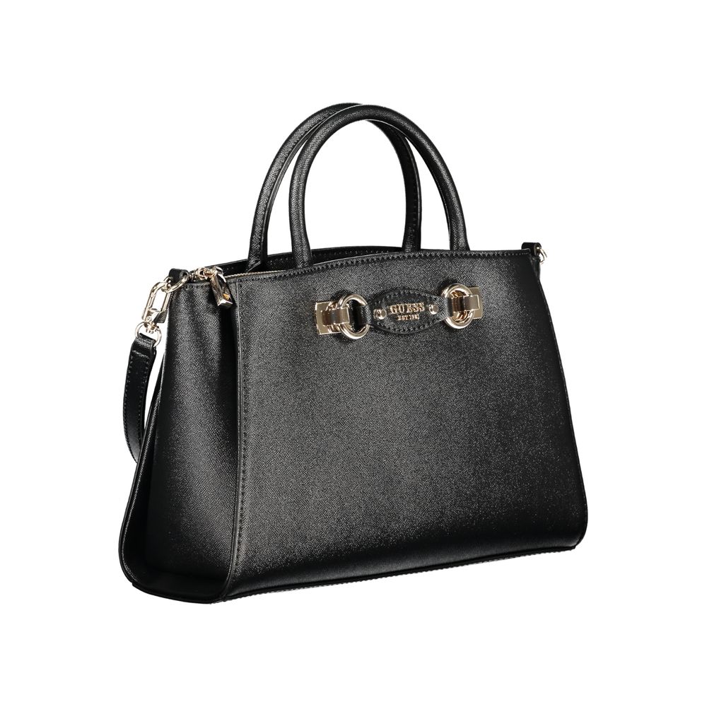 Black Guess Jeans women’s handbag made of polyurethane, featuring a sleek design with top handles and stylish accents.