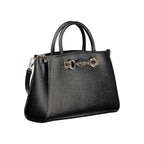 Black Guess Jeans women’s handbag made of polyurethane, featuring a sleek design with top handles and stylish accents.