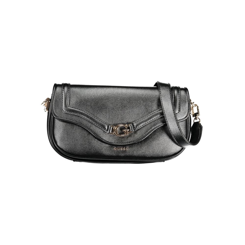 Black Guess Jeans polyurethane women's handbag with sleek design and silver hardware, featuring a top handle and spacious interior.