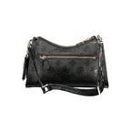 Black Guess Jeans polyurethane women's handbag with sleek design and silver hardware, featuring a top handle and zip closure.