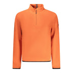 Norway 1963 Arancione polyester men's sweatshirt with a crew neck and long sleeves, displayed on a hanger.