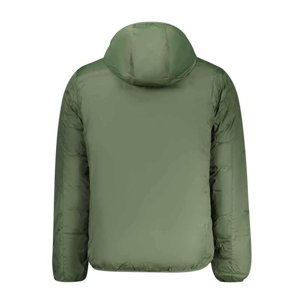 Norway 1963 Verde polyester men's jacket displayed on a hanger, showcasing a stylish green outerwear design.
