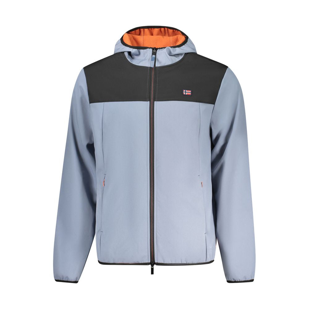 Norway 1963 blue polyester men's jacket displayed on a hanger, showcasing its classic design and smooth fabric texture.