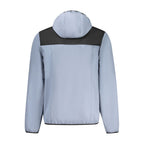 Norway 1963 blue polyester men's jacket, lightweight and stylish, shown hanging on a hanger with a full front view.