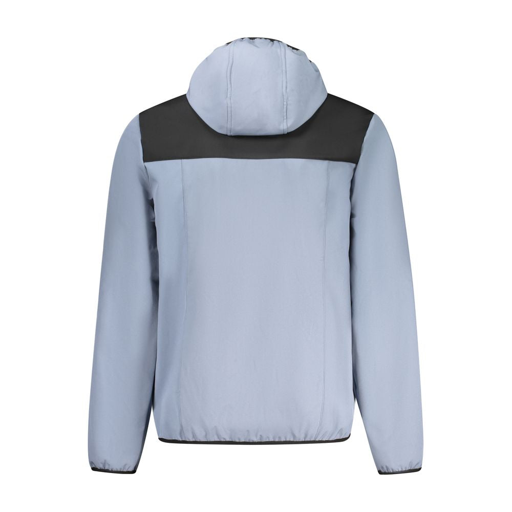 Norway 1963 blue polyester men's jacket, lightweight and stylish, shown hanging on a hanger with a full front view.
