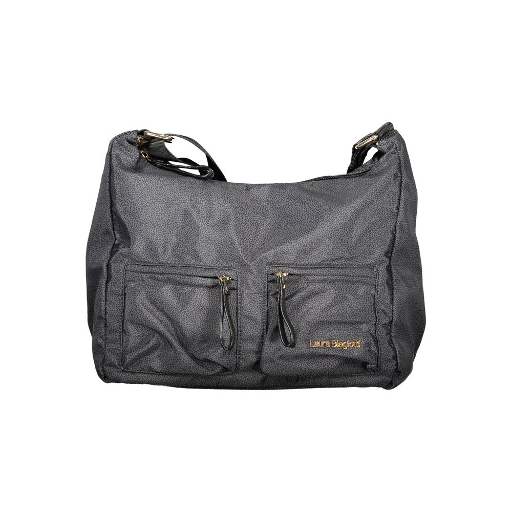 Black polyester women's handbag by Laura Biagiotti, featuring sleek design and shoulder strap, on a neutral background.