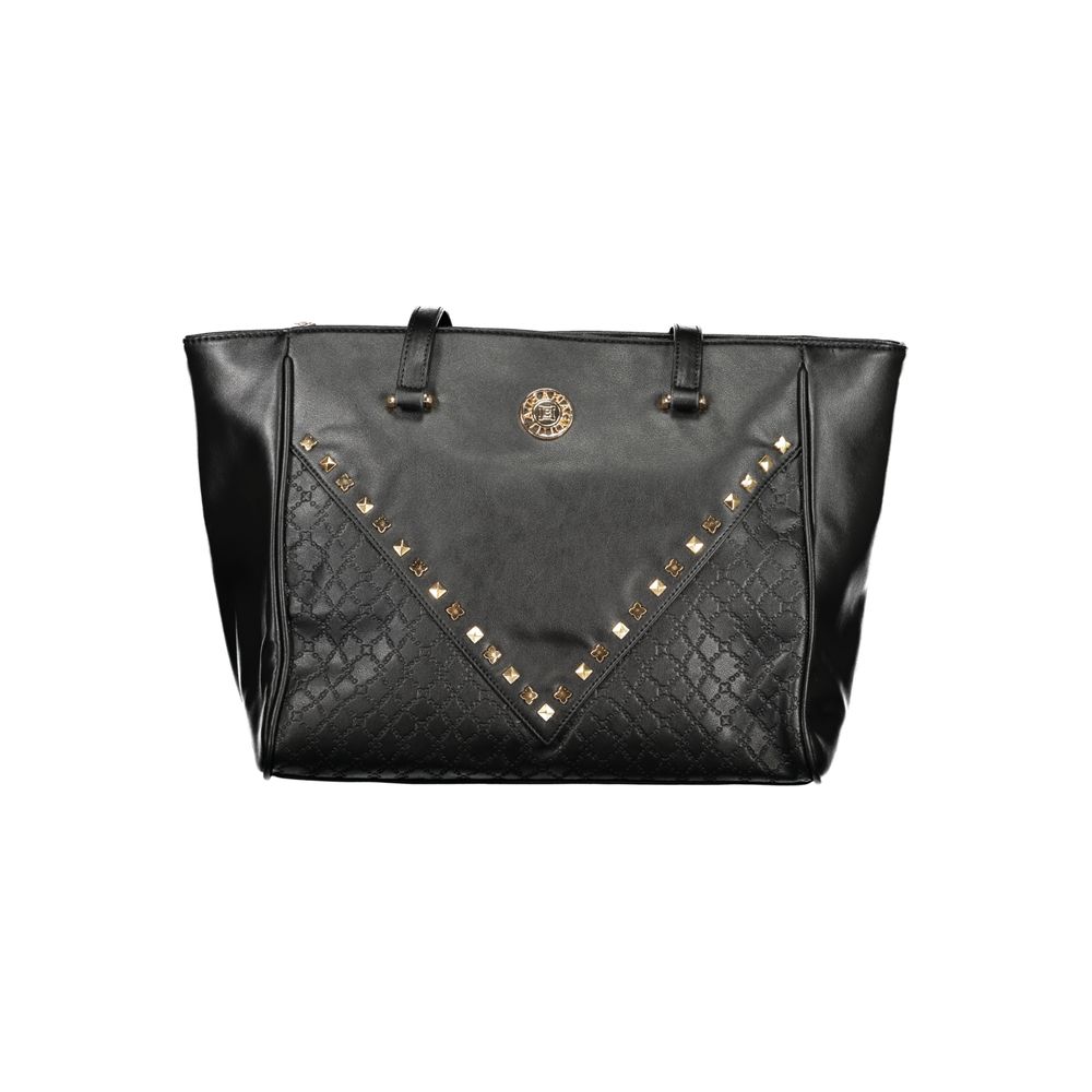 Black PVC women's handbag by Laura Biagiotti with sleek design and silver hardware, featuring double handles and spacious interior.