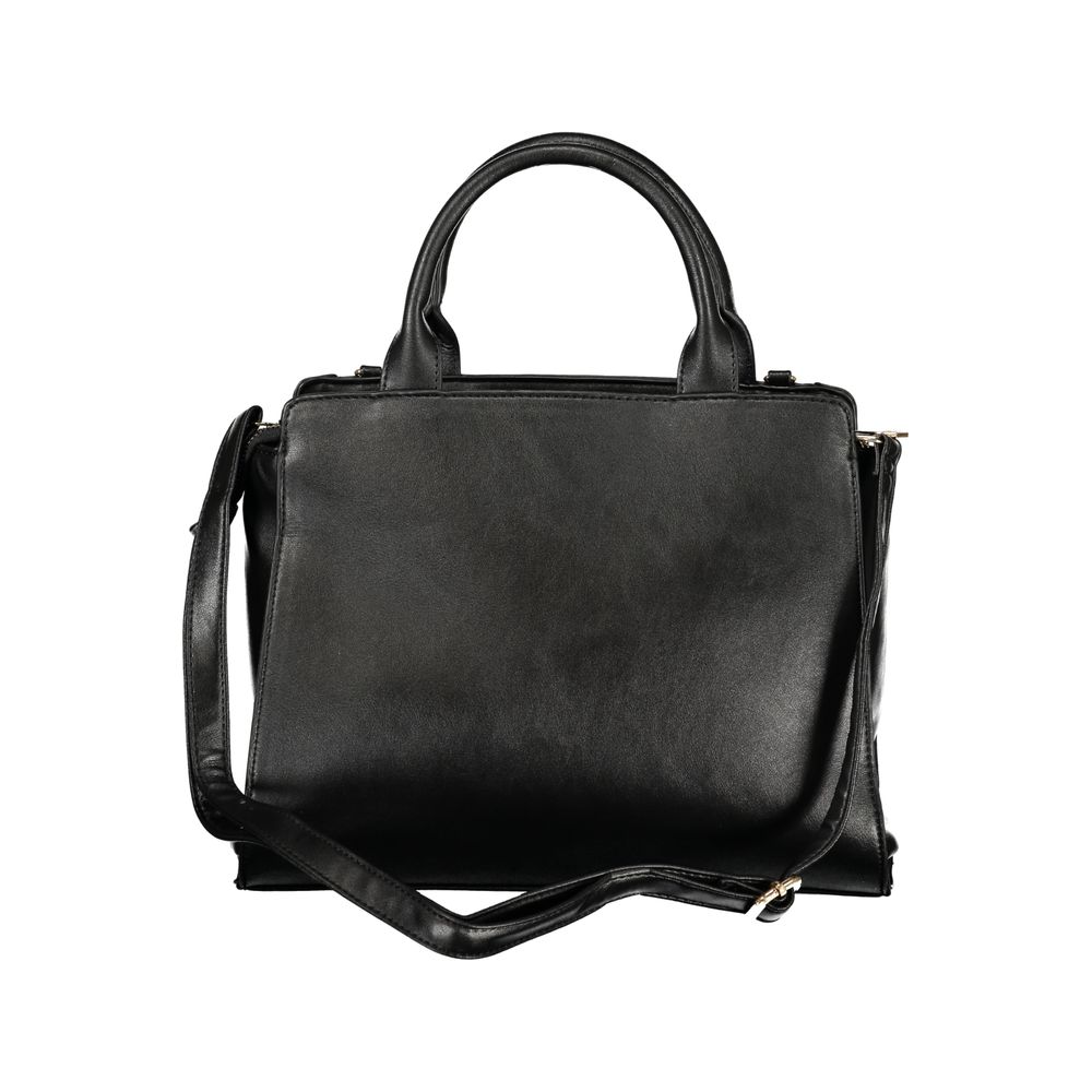 Black PVC women's handbag by Laura Biagiotti with sleek design and silver-tone hardware, featuring top handles and a zip closure.