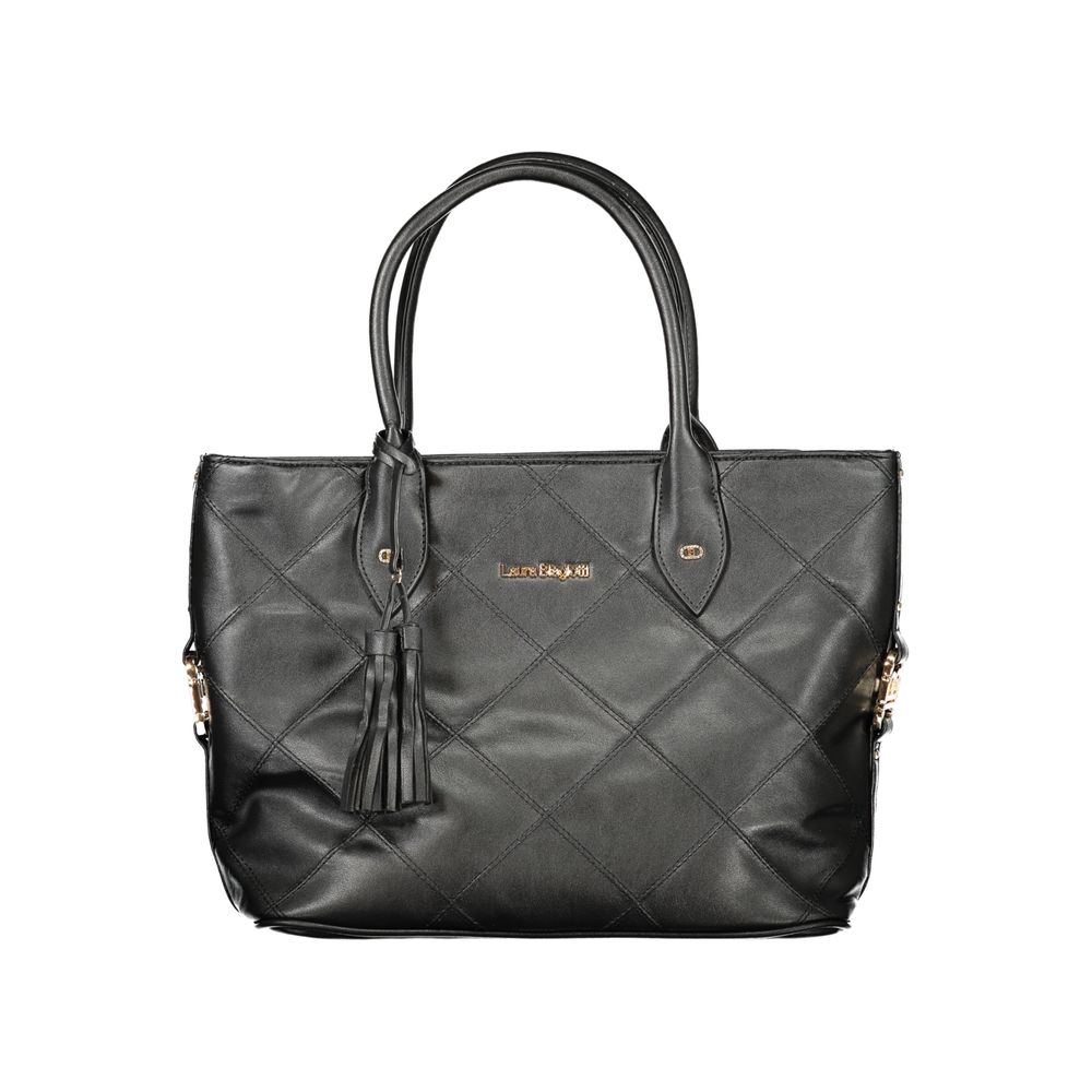 Black PVC Laura Biagiotti women's handbag with sleek design and top handle, featuring subtle logo accents and spacious interior.