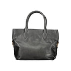 Black PVC women’s handbag by Laura Biagiotti with sleek design and top handles, featuring a spacious interior and modern style.
