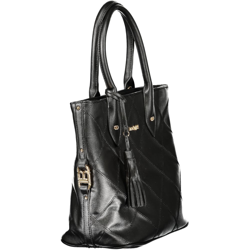 Black PVC women's handbag by Laura Biagiotti with sleek design and silver hardware, featuring double top handles and a spacious interior.