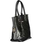 Black PVC women's handbag by Laura Biagiotti with sleek design and silver hardware, featuring double top handles and a spacious interior.