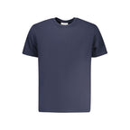 Calvin Klein blue cotton men's T-shirt displayed on a hanger, showcasing a classic crew neck and smooth fabric.
