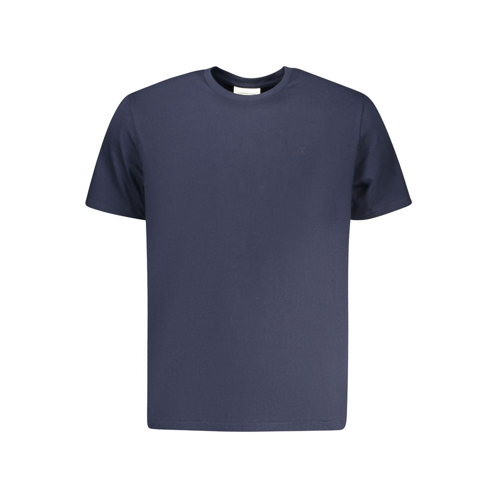 Calvin Klein blue cotton men's T-shirt displayed on a hanger, showcasing a classic crew neck and smooth fabric.